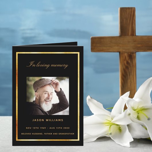 Zwart gouden fotoelegant begrafenisprogramma bedankkaart