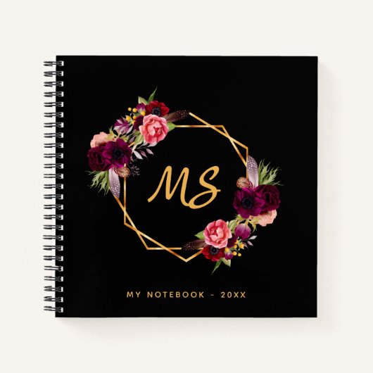 Zwart gouden geometrische bogundische bloemmonogra notitieboek (Voorkant)