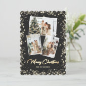 Zwart Gouden Geruite Foto Collage Prettig Kerstfee Feestdagenkaart (Staand voorkant)