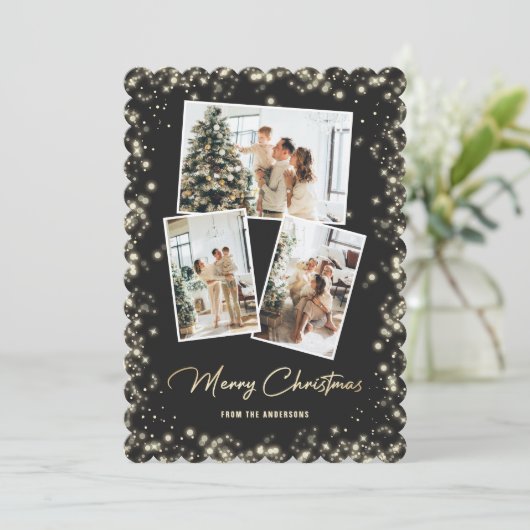 Zwart Gouden Geruite Foto Collage Prettig Kerstfee Feestdagenkaart (Staand voorkant)