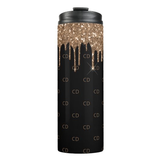 Zwart gouden glitter druppelt monogram patroon thermosbeker (Voorkant)