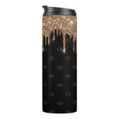 Zwart gouden glitter druppelt monogram patroon thermosbeker (Geroteerd rechts)