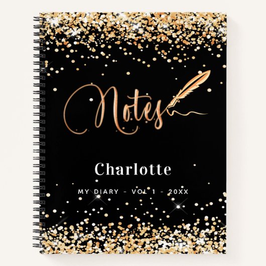Zwart gouden glitter pen script name notitieboek (Voorkant)