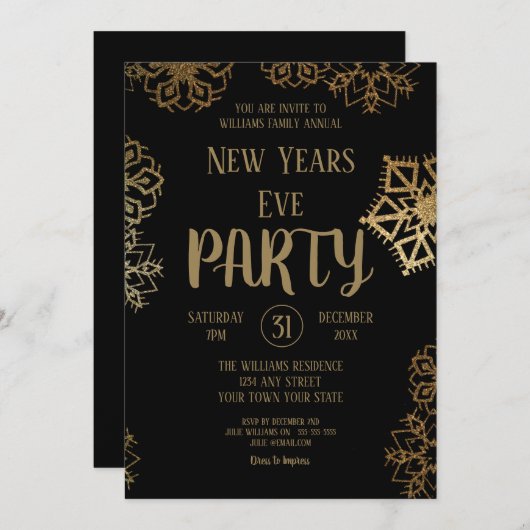 Zwart-gouden glitter Snowflake | Nieuwe jaren oud Kaart (Voorkant / Achterkant)