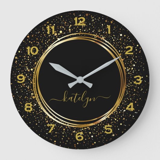 Zwart Gouden glitter stof Monogram Grote Klok (Voorkant)