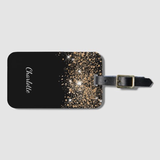 Zwart gouden glitternaam, glamoureus bagagelabel (Voorkant (horizontaal))