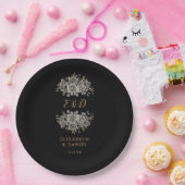 Zwart Gouden Gothic Bloemen Monogram Huwelijk Papieren Bordje (Feest)