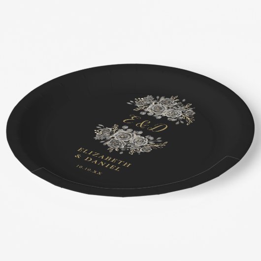 Zwart Gouden Gothic Bloemen Monogram Huwelijk Papieren Bordje (Gekanteld)