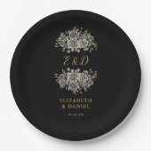 Zwart Gouden Gothic Bloemen Monogram Huwelijk Papieren Bordje (Voorkant)