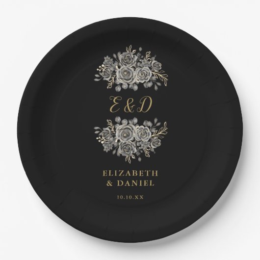 Zwart Gouden Gothic Bloemen Monogram Huwelijk Papieren Bordje (Voorkant)