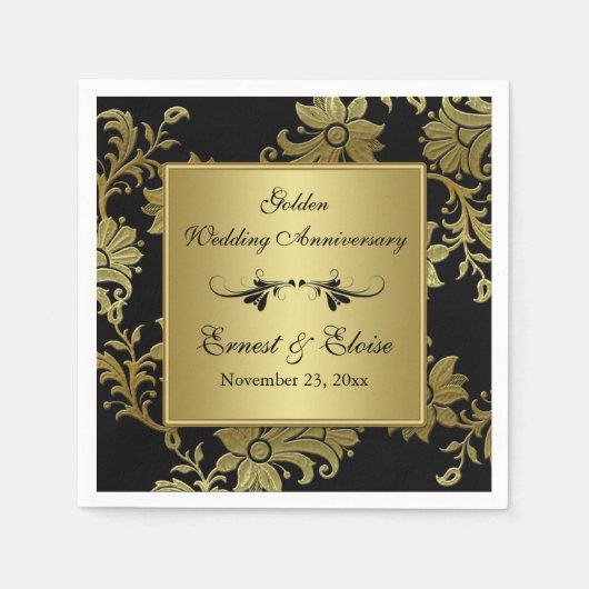 Zwart, Gouden Gouden Trouwen Jubileum servetten (Voorkant)