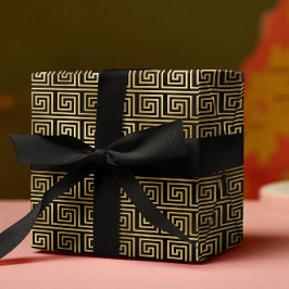 Zwart-gouden Grieks sleutelpatroon Cadeaupapier