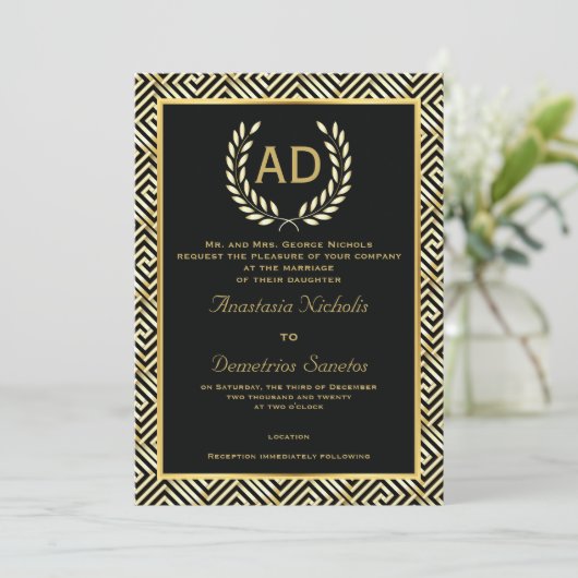 Zwart, gouden Griekse sleutel en laurierkrans brui Kaart (Staand voorkant)