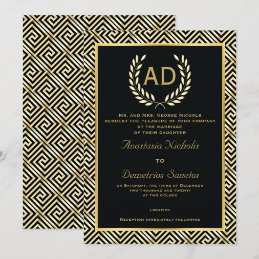 Zwart, gouden Griekse sleutel en laurierkrans brui Kaart (Voorkant / Achterkant)