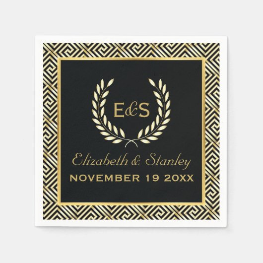 Zwart, gouden Griekse sleutel en laurierkrans brui Servet (Voorkant)
