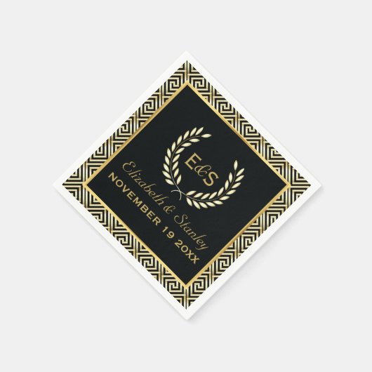 Zwart, gouden Griekse sleutel en laurierkrans brui Servet (Hoek)