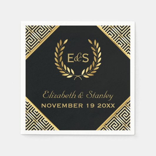Zwart, gouden Griekse sleutel en laurierkrans brui Servetten (Voorkant)