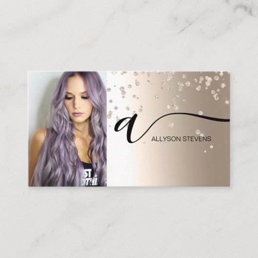 Zwart gouden haar make-up foto initiaal qr code visitekaartje (Voorkant)