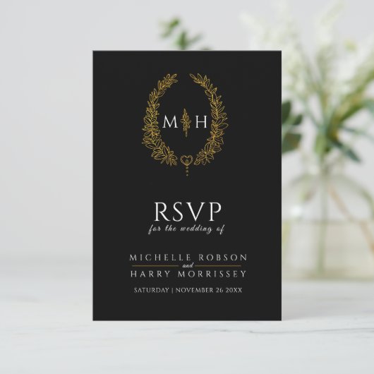 Zwart gouden handgetekende bladmonogram RSVP bruil (Staand voorkant)