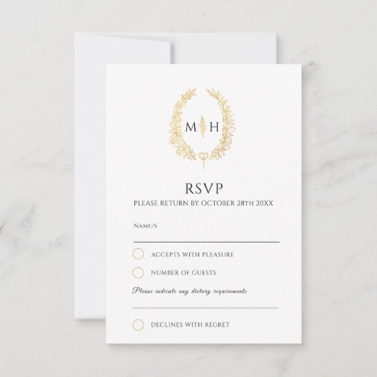 Zwart gouden handgetekende bladmonogram RSVP bruil (Achterkant)