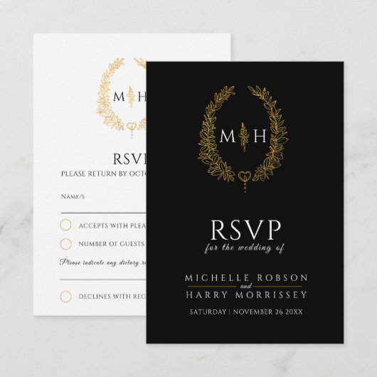 Zwart gouden handgetekende bladmonogram RSVP bruil (Voorkant / Achterkant)