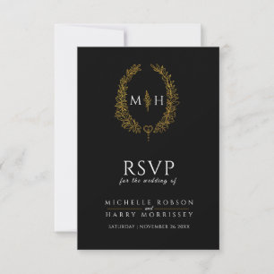 Zwart gouden handgetekende bladmonogram RSVP bruil Kaartje