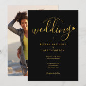 Zwart Gouden Hart Elegante Lettertype Foto Bruilof Kaart (Voorkant / Achterkant)