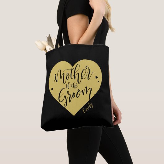 Zwart gouden hart en scriptmoeder van de bruidegom tote bag (Dichtbij)
