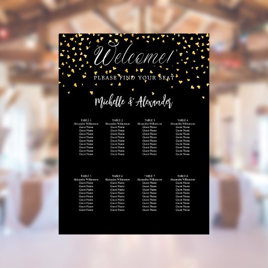 Zwart gouden harten moderne bruiloft 9 zitplaatsen poster