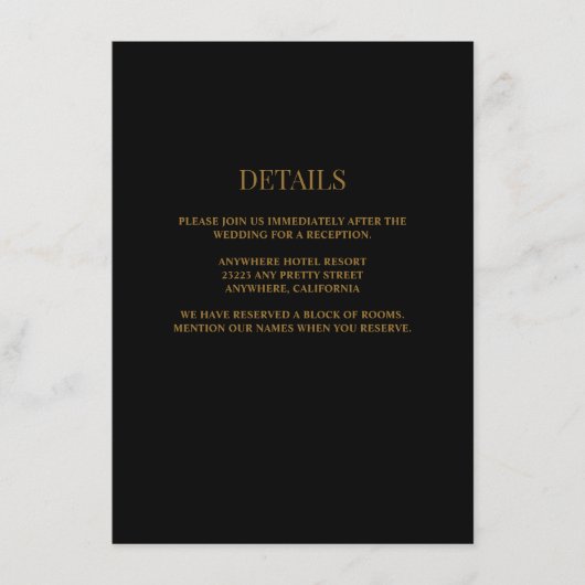 Zwart/Gouden Huwelijksdetails Informatiekaartje (Voorkant)