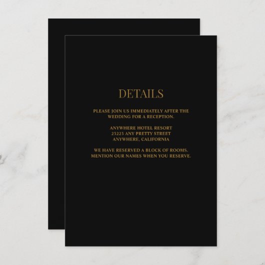 Zwart/Gouden Huwelijksdetails Informatiekaartje (Voorkant / Achterkant)
