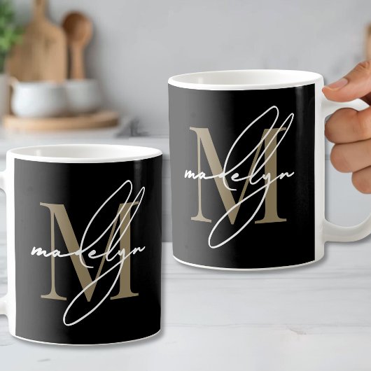 Zwart Gouden Initiële Naam Monogram Koffiemok
