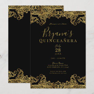 Zwart & Gouden Kant Elegant Quinceañera Feest Kaart