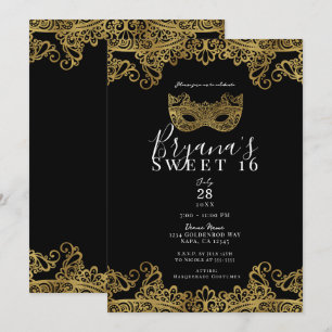 Zwart & Gouden Kant Maskerade Sweet 16 Feestje Kaart