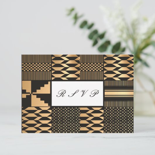 Zwart - Gouden Kente (wit) RSVP Kaartje (Staand voorkant)
