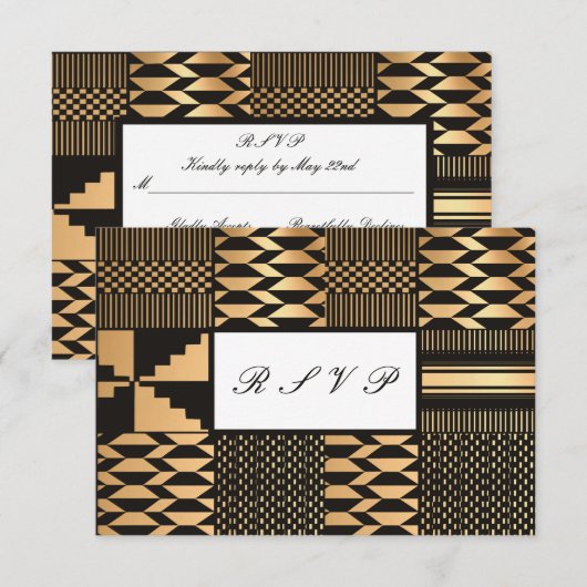 Zwart - Gouden Kente (wit) RSVP Kaartje (Voorkant / Achterkant)