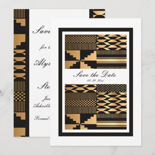 Zwart - Gouden Kente (wit) Save The Date (Voorkant / Achterkant)