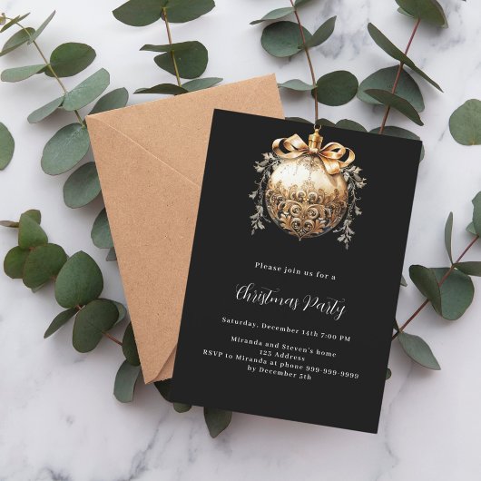 Zwart gouden kerstbal vintage kerstfeest kaart