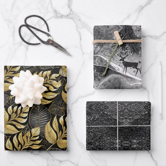 Zwart Gouden Kerstpatronen #13#29#33 ID1009 Inpakpapier Vel (Voorkant)