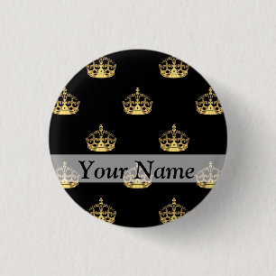 Zwart-gouden kroonpatroon ronde button 3,2 cm