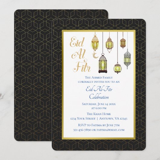 Zwart-gouden lampjes | Uitnodiging Eid Al Fitr (Voorkant / Achterkant)