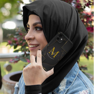 Zwart Gouden Luxe verloop Script Monogram Grappig iPhone 15 Case