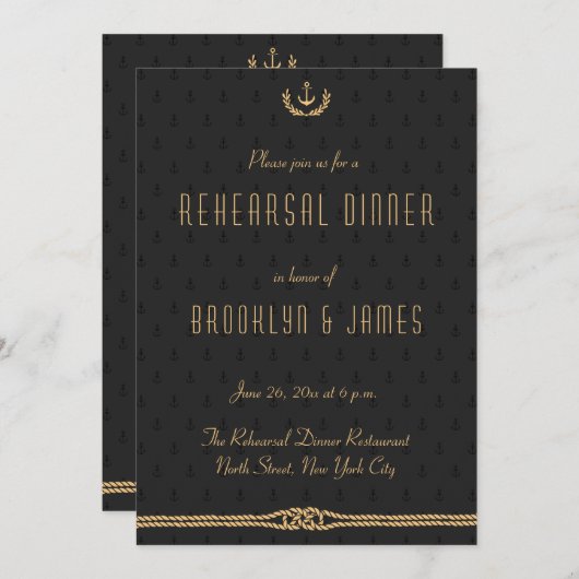 Zwart Gouden Maritieme Trouw Rehearsal Uitnodiging (Voorkant / Achterkant)