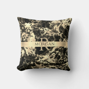 Zwart+Gouden Marmer, Gouden Streep, Naam+Monogram, Kussen