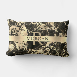 Zwart+Gouden Marmer, Gouden Streep, Naam+Monogram, Kussen