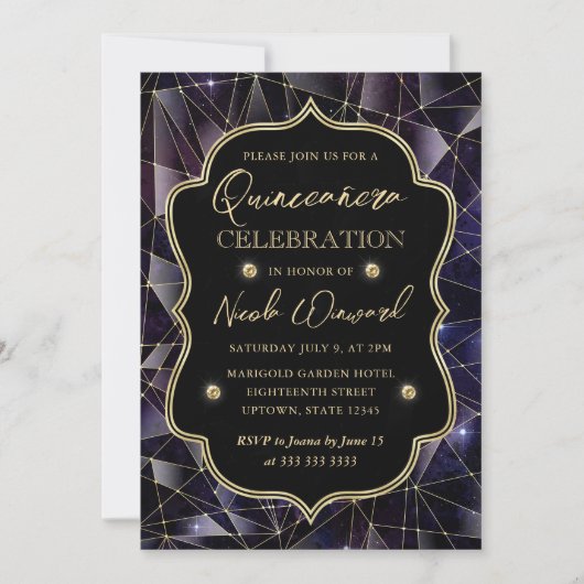 Zwart-gouden midnight Crystal Galaxy Quinceanera Kaart (Voorkant)