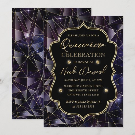 Zwart-gouden midnight Crystal Galaxy Quinceanera Kaart (Voorkant / Achterkant)