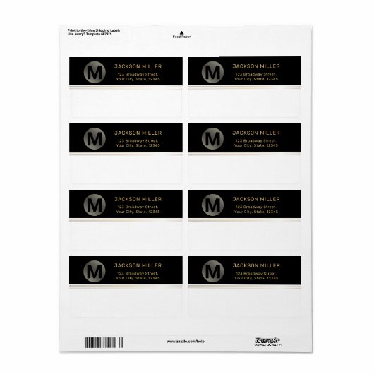 Zwart-gouden moderne eenvoudige monogramverzending etiket (Full Sheet)