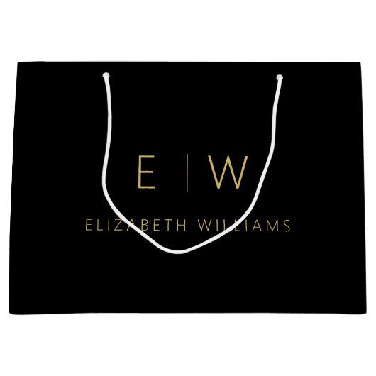 Zwart Gouden Moderne Minimalistische Monogram Naam Groot Cadeauzakje (Voorkant)