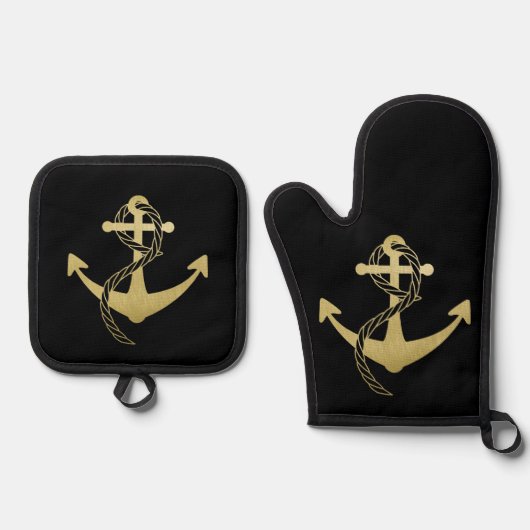 Zwart-gouden moderne Nautische kussen Ovenwant & Pannenlap Set (Voorkant)